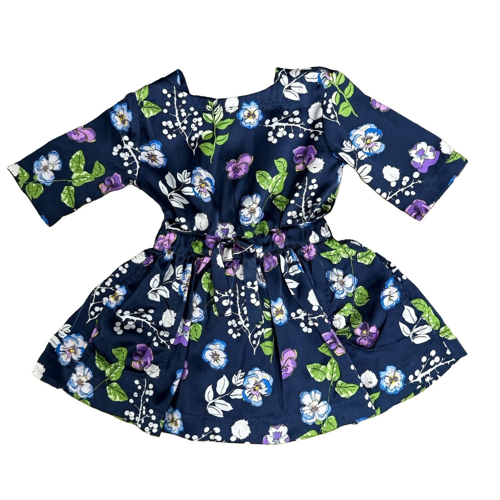 Crewcuts Satin Spring Flower Dress Girls 2 2T Blue Pansy 3/4 Sleeve by J Crew